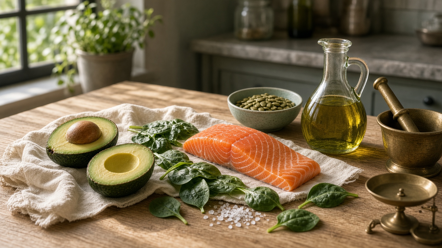 Alimentos keto orgánicos — aguacate, salmón, aceite de oliva y verdes sobre lino